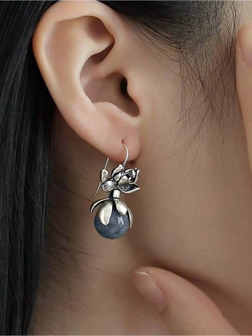 Vintage Silver Lotus Drop Earrings with Blue-Grey Stone - Picture 3 of 5